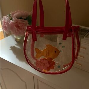 Kids Clear small Tote Bag w Red Trim and Fish Design